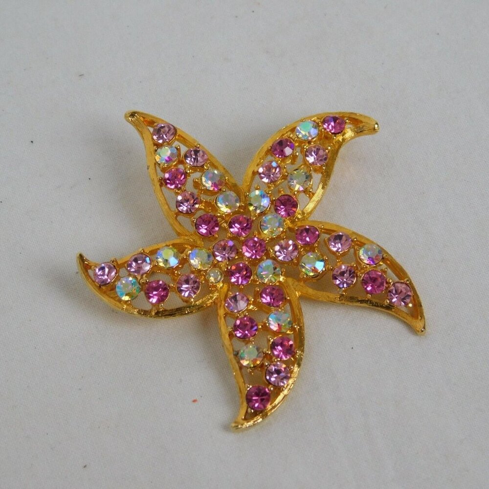 Lee Angel Starfish Pin Brooch Pink Clear Rhinestone Vintage Gold Tone Metal 2.5" - Picture 6 of 6